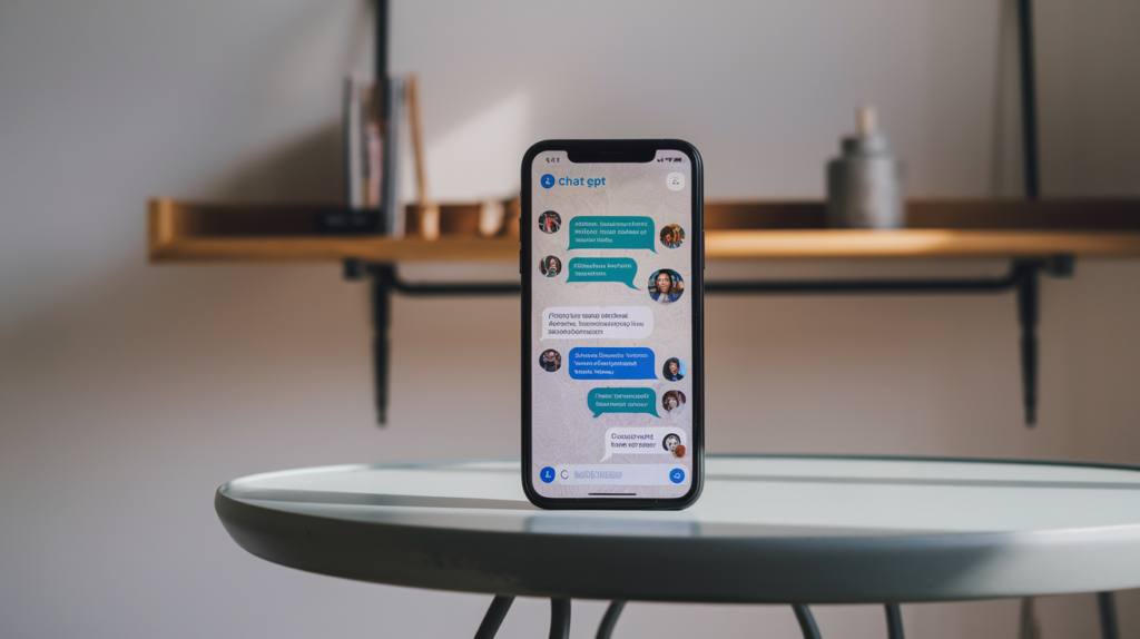 ChatGPT su Whatsapp: A scene of a smartphone on a modern table, displaying a WhatsApp chat with ChatGPT.