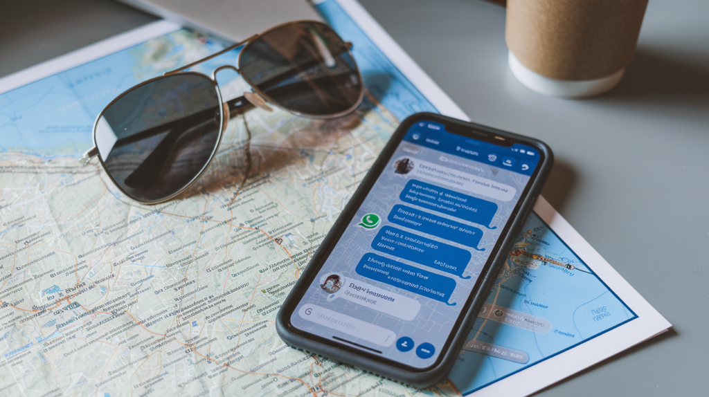 ChatGPT su Whatsapp: A photorealistic close-up of a smartphone displaying a WhatsApp chat with ChatGPT, helping the user plan a trip