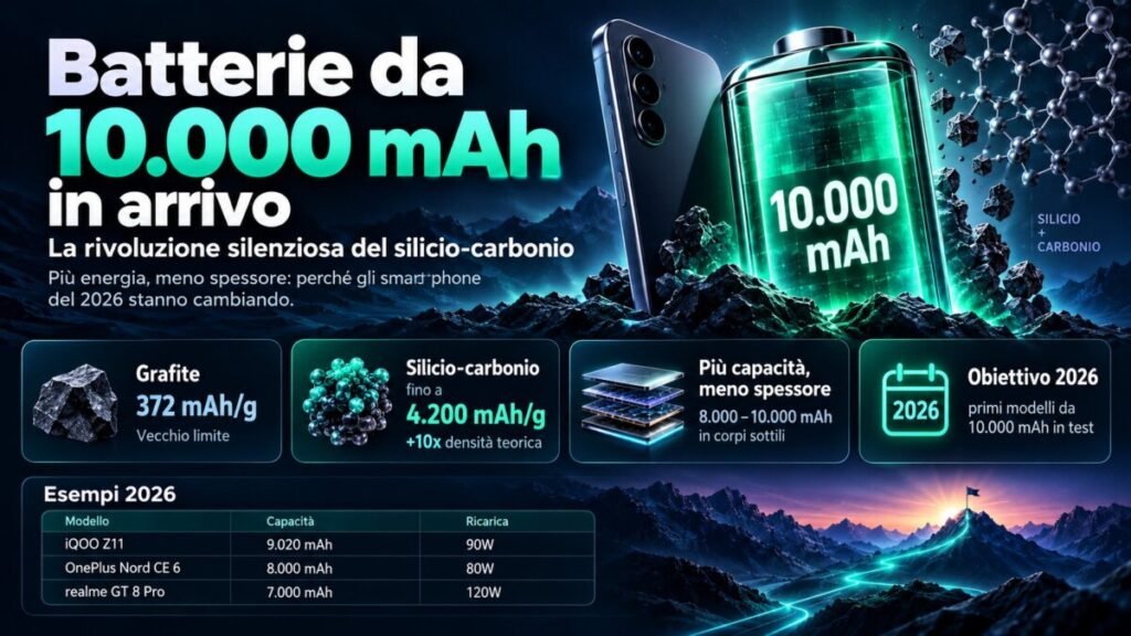 Batterie Smartphone da 10.000 mAh in arrivo: la rivoluzione silenziosa del silicio-carbonio 3 Batterie Smartphone da 10.000 mAh in arrivo: la rivoluzione silenziosa del silicio-carbonio